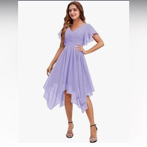 LILAC BRIDESMAID OR PROM DRESS NEW Faux Wrap Flutter Sleeve Handkerchief Hem